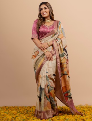 Beautiful purple and beige dola silk saree