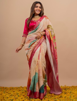 Dazzling magenta and beige dola silk saree