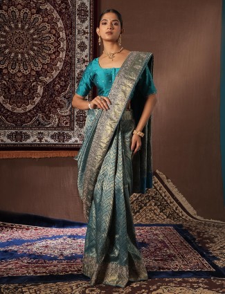 Newest teal blue kanjivaram silk saree