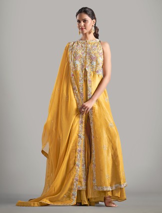 Trendy mustard yellow silk sharara salwar suit