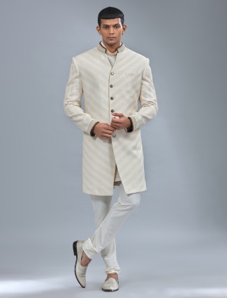 Cream textured terry rayon indowestern