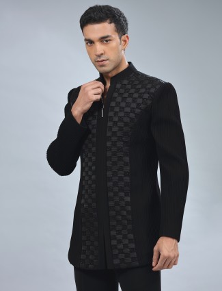 Newest black textured terry rayon indowestern
