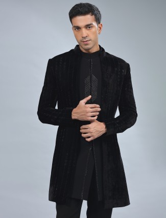 Smashing black velvet indowestern for men