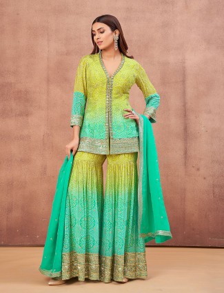 Printed green silk sharara salwar suit