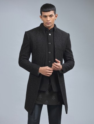 Traditional black terry rayon indowestern