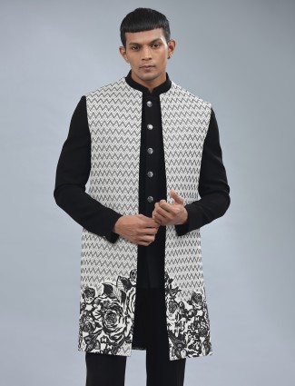 White and black terry rayon indowestern