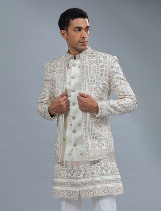White embroidery terry rayon indowestern