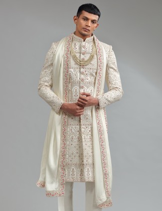 Classy white silk sherwani with bottom