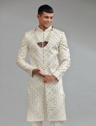 Elegant white silk sherwani with bottom