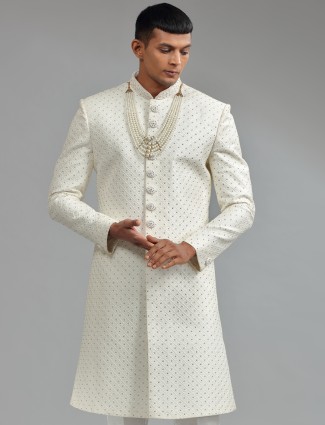 Glamorous silk white groom sherwani