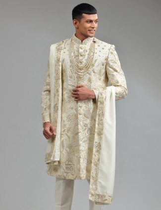 Glamorous white silk sherwani with bottom