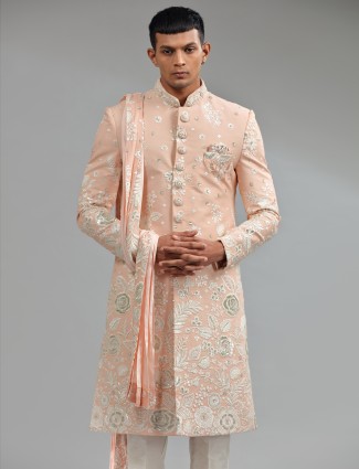 Latest peach floral embroidery silk sherwani