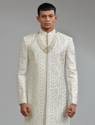 Silk white sherwani for groom