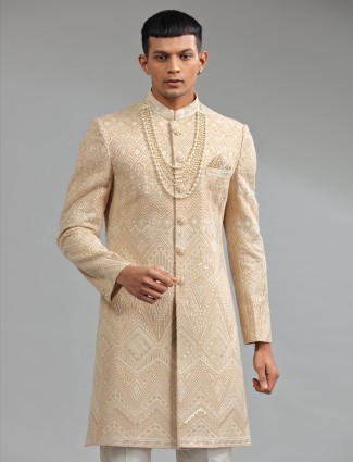 Traditional beige silk embroidery sherwani
