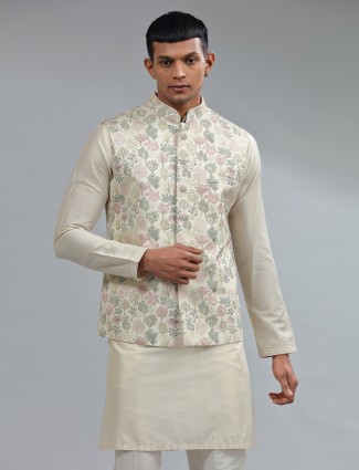 Traditional cream silk embroidery waistcoat set