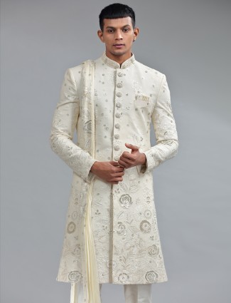 Traditional white silk floral embroidery sherwani