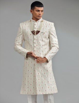 Traditional white silk sherwani wuth bottom