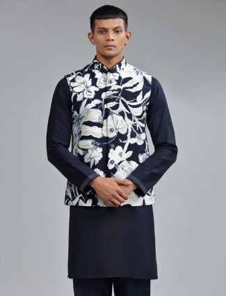 Traditonal printed dark navy silk waistcoat set