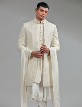 White silk sherwani with dupatta