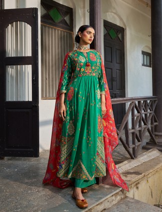 Classic green silk palazzo suit