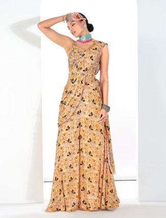 Light yellow silk printed palazzo suit