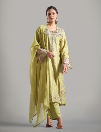 Amazing sage green raw silk salwar suit