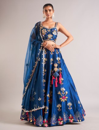 Dark blue raw silk lehenga choli with dupatta