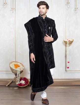 Black and rama blue embroidery indowestern in velvet fabric