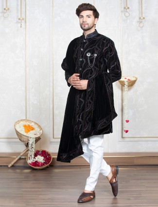 Black and purple velvet fabric indowestern