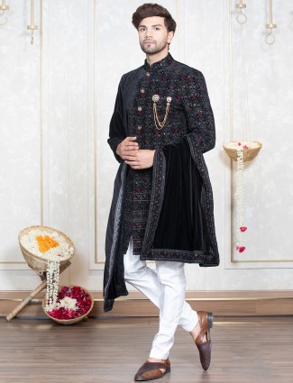 Black embroidery indowestern in velvet fabric 