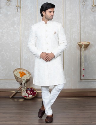 White classy silk embroidery indowestern