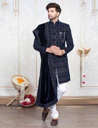Stunning navy velvet indowestern with dupatta