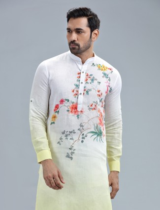 White and yellow stylish printed kurta suit