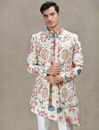 Delicated cream indowestern with rich work for men