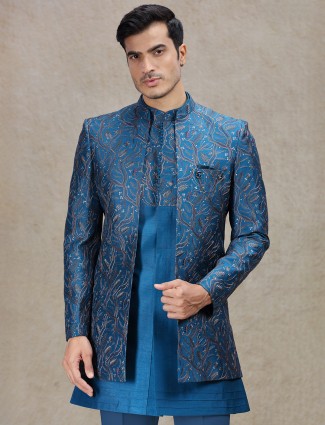 Majestic rama blue indowestern for wedding glamour