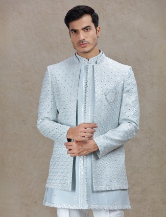 Elegant firozi blue indowestern for wedding celebrations