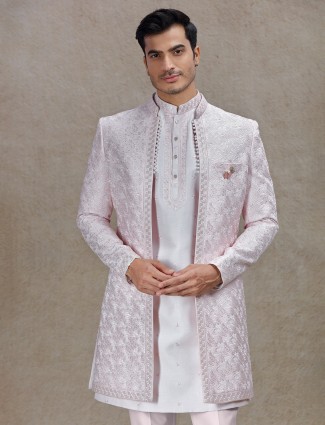 Statement light pink indowestern for royal reception look