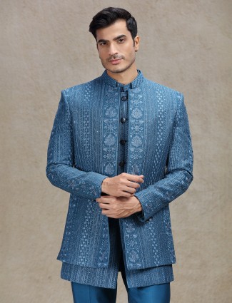 Opulent rama blue indowestern for a majestic look