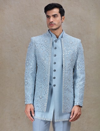 Exquisite light blue indowestern in for receptions