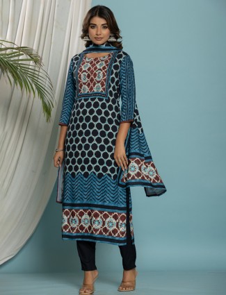 Printed Blue cotton kurti set for women 