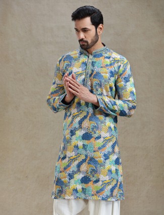 Blue printed kurta salwar set in textured embroidery