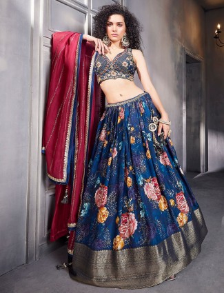 Blue silk wedding wear lehenga choli with print