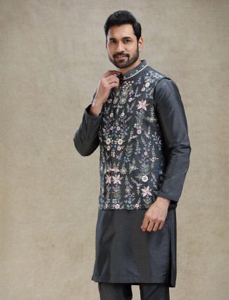 Dark grey kurta jacket set in colourful embroidery