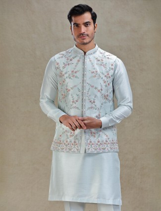 Light blue kurta jacket set for reception in linen silk