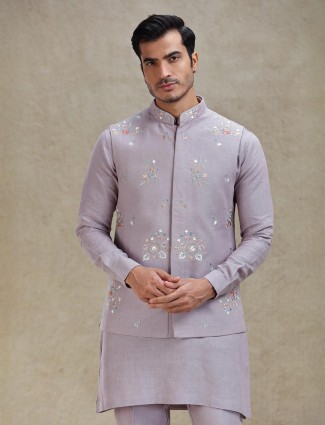 Lilac purple kurta jacket set adorn in embroidery
