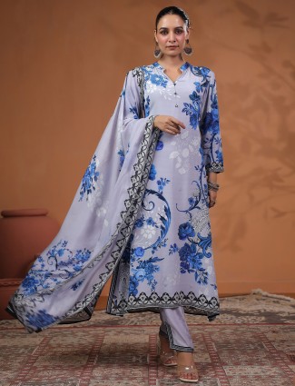 Lilac purple silk kurti set with print