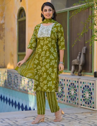 Mehendi green cotton kurti set for women