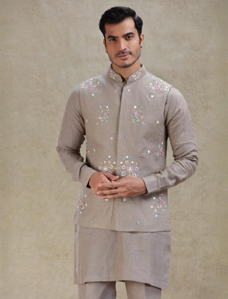 Muave pink colourful embroidered linen waistcoat set