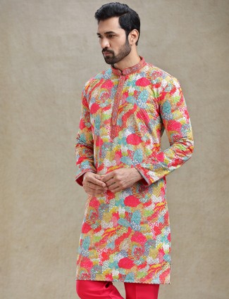 Multi coloured printed kurta pajama in textured embroidery