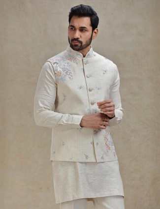 Natural beige linen kurta jacket set in embroidery